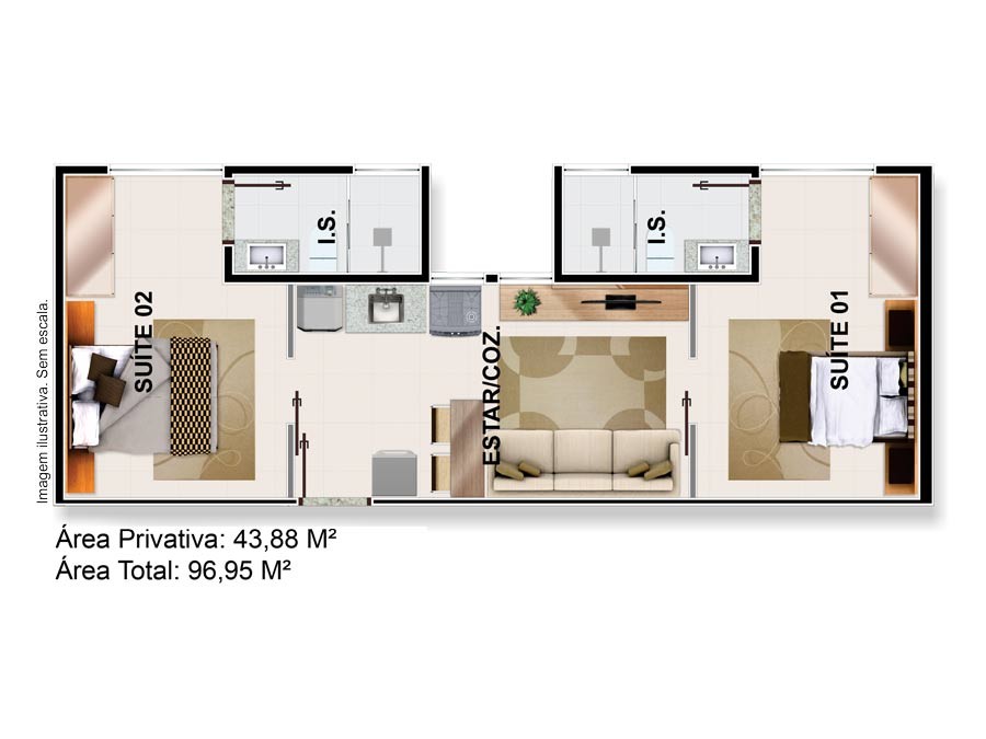 Residencial Melbourne III - Planta 2 Dormit&oacute;rios